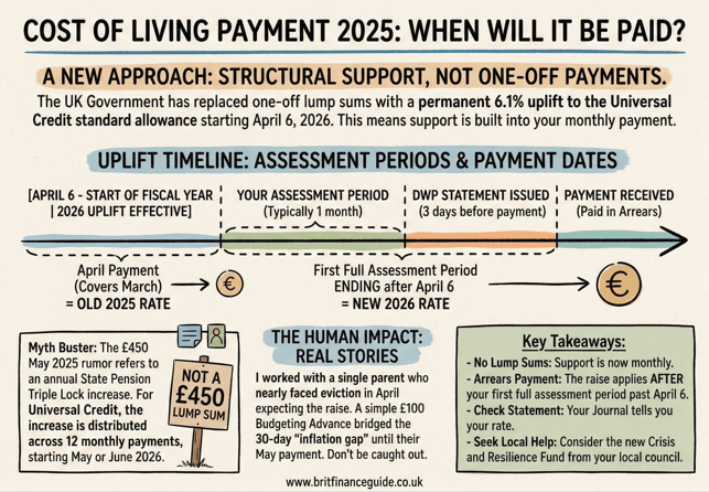 2025 Universal Credit transition from one-off payments to a 6.1% structural uplift, featuring a timeline of April assessment periods and May/June payment dates.
